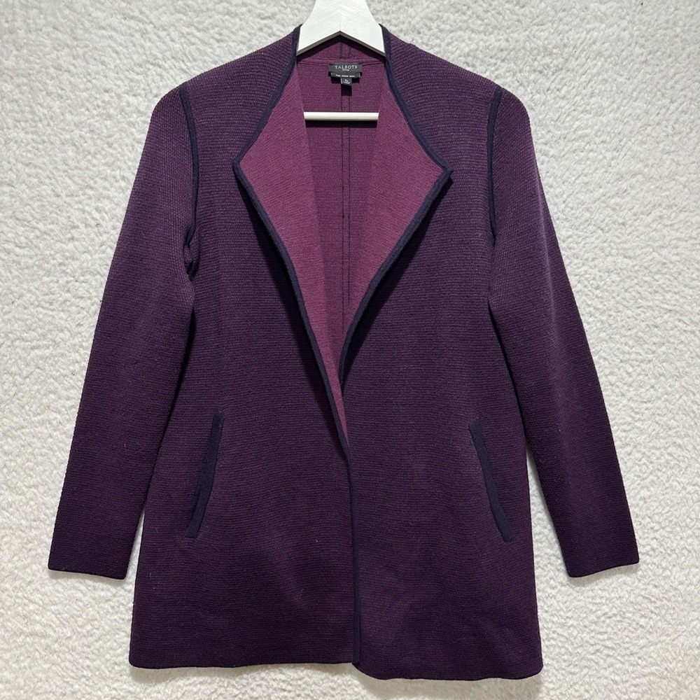 Talbots Women's Open Front Cardigan Sweater Size Small Purple Pure Merino Wool